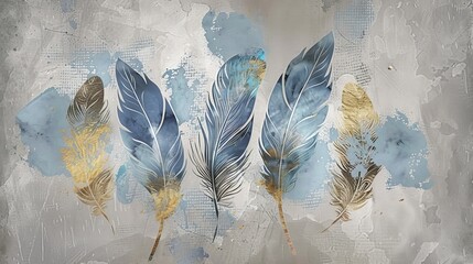 Vintage illustration showcasing intricate feathers adorned with blue and gold brushstrokes, set against a textured background reminiscent of oil on canvas. Perfect for elegant grey wallpaper