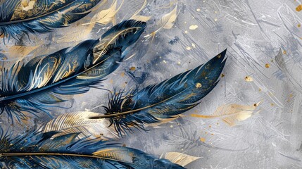 Vintage illustration showcasing intricate feathers adorned with blue and gold brushstrokes, set against a textured background reminiscent of oil on canvas. Perfect for elegant grey wallpaper.