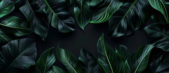 Wall Mural - abstract dark black and green background with flowing leaves, monochromatic, Textures of abstract black leaves for tropical leaf
