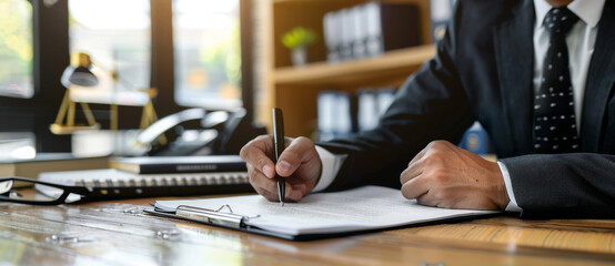 A businessman writing in his notebook with a pen at a wooden table in his office. Close up business view