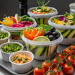A detailed view of a tray filled with an assortment of vibrant salads 