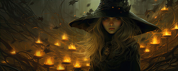 magic witch with sorcerer ball on haloween background
