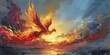 A fiery phoenix soaring across a twilight sky, symbolizing rebirth and the cyclic nature of life, painted with oil paints.