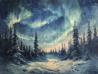 Sticker - A mesmerizing display of the Aurora borealis dances over a tranquil snow-covered forest, immortalized with vibrant oil paints.