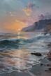 Dawn breaking over a rugged coastline, with waves gently caressing the shore, capturing the quiet start of a new day, painted with oil paints.
