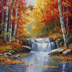 Sticker - Capturing the vibrant hues of a cascading river and small waterfall in an autumn forest, the oil painting comes alive with rich colors.