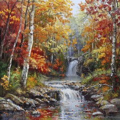 Colorful autumn forest with river and small waterfall, painted with oil paints.