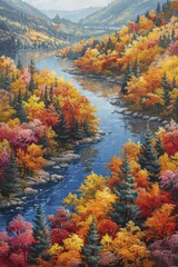 Wall Mural - An aerial perspective captures a winding river meandering through vibrant autumn woodlands, showcasing nature's hues in rich oil strokes.