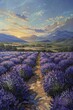 The tranquil lavender fields at dawn, framed by distant mountains, brought to life with vibrant oil paints.