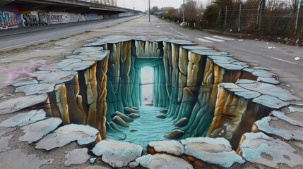 A large hole in the ground with a blue and green color. The hole is surrounded by rocks and has a watery appearance