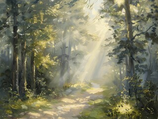 Canvas Print - A tranquil dawn in the misty forest, where sunlight weaves through oil-painted trees in a breathtaking dance of colors.