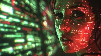 Wall Mural - A woman's face is shown in a computer screen with a lot of numbers and letters. The image is abstract and futuristic, with a sense of technology and artificial intelligence