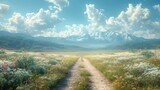 Fototapeta  - A road runs through a field of flowers and grass. The sky is cloudy, but the sun is shining through the clouds. Scene is peaceful and serene, with the beauty of nature on display