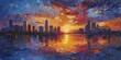 Vibrant sunset over city skyline with reflection in river, painted with oil paints.