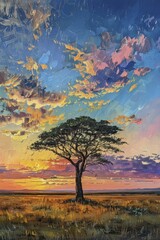 Poster - Vast savannah under dramatic sunset sky, lone acacia tree, painted with oil paints.