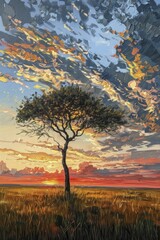 Sticker - A mesmerizing landscape emerges as the lone acacia tree stands tall in the vast savannah under a fiery sunset sky, captured with oil paints.