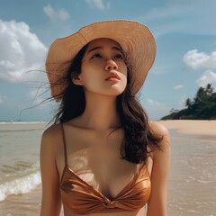 Canvas Print - a woman in a garment and hat on a beach