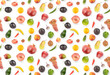 Seamless pattern bright appetizing fruits and vegetables with light shadow