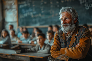 Poster - A fundamental principle being taught in a classroom, emphasizing the importance of education in society. Concept of knowledge dissemination. Generative Ai.