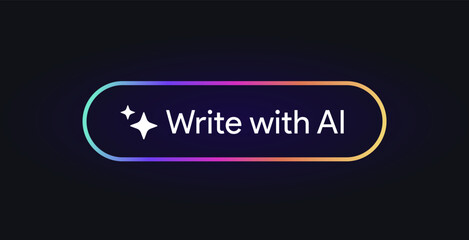 Fototapete - Write with AI button. Rewrite artificial intelligence toggle pushbutton. Generate tool sign. Magic stars logo. Machine learning text generator. Chatbot assistant. UI design. Vector illustration. 