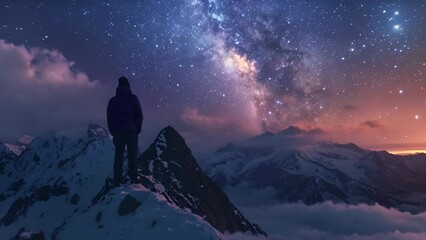 Wall Mural - Man standing on the mountain at night with starry sky and Milky Way