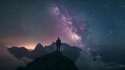 Wall Mural - Man standing on the mountain at night with starry sky and Milky Way