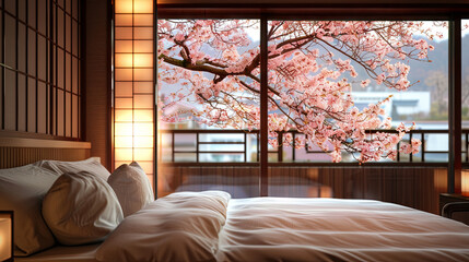 Wall Mural - A breathtaking hotel bedroom adorned with cherry blossoms, creating a tranquil and elegant ambiance