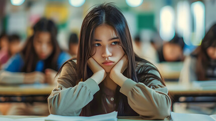 A young woman appears bored or pensive while sitting at a desk with classmates blurred in the background