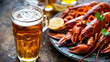 A refreshing glass of cold beer served alongside a plate of succulent and flavorful crayfish