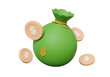 Coins float with green money bag icon on isolated background. Business investment fund stock, Earn finance management dollar saving concept. 3d rendering illustrstion