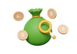 Green money bag coins currency. Pound, Yen, Dollar, Euro on isolated background. searching exchange rate best, finance management saving concept. 3d render illustration