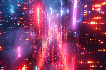 Canvas Print - A dazzling array of neon lights illuminating the city streets, casting a surreal glow upon the urban landscape. Concept of nightlife and urban vibrancy. Generative Ai.