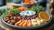 A circle of vegetables, oranges, cheese, nuts, and a clock. Diet and lunch time, intermittent fasting concept, plate of healthy food.