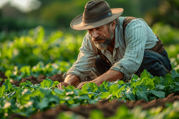 Canvas Print - A seasoned farmer cultivating crops with knowledge and skill, maximizing yields while respecting the land. Concept of agricultural proficiency. Generative Ai.