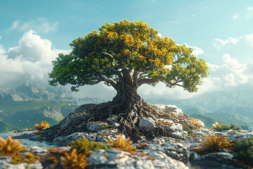 Poster - a centuries-old oak tree standing next to a genetically modified tree engineered for rapid growth. c