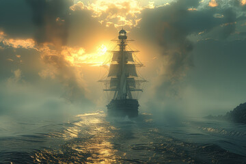 Canvas Print - a ship sailing towards the distant shores, guided by the light of the distant lighthouse. concept of