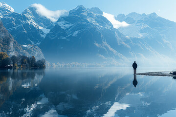 Poster - A photographer capturing the distant mountains reflected in the still waters of the lake. Concept of natural beauty and serenity. Generative Ai.