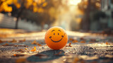 Fototapeta Lawenda - smiley face drawn on an orange ball, sitting in the middle of a city street with sunlight streaming through trees