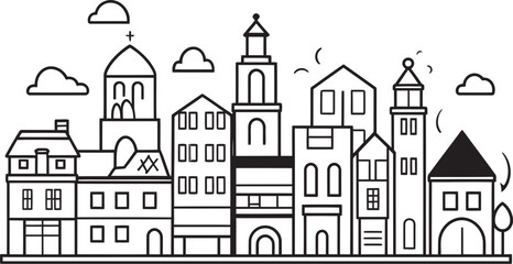  Urban Harmony: Simplified Line Drawing Icon Skyline Sketchbook: Vector Logo of Urban Landscape Sketch