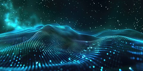 Wall Mural - futuristic digital terrain with starry night and northern lights, dynamic 3d landscape with green au