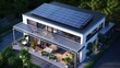 New luxury house architecture with solar panels system on the roof. Renewable energy and ecology concept.