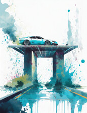 Blue Sports Car On Abstract  Bridge With Watercolor Splashes. Vector Illustration For T-shirt Design