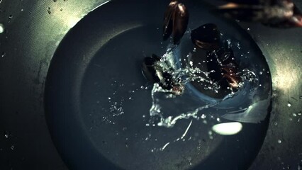 Poster - Super slow motion in a pan with water falling mussels. High quality FullHD footage