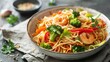 Delicious shrimp Lo Mein with noodles, vegetables, and Chinese cuisine elements on a plate