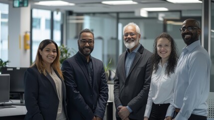 Wall Mural - Diverse group of business people team standing in an office, smiling and looking at the camera with arms crossed. A man posing as the leader is in the center posing for a portrait