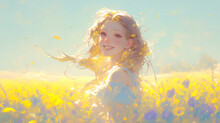 Beautiful Little Girl With Long Hair In A Field Of Yellow Flowers