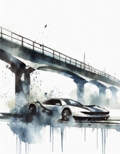 Watercolor Painting Of A Sports Car On The Road Under The Bridge. Vector Illustration For T-shirt Design.