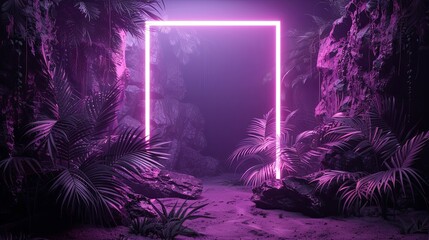 Wall Mural - Neon rectangular frame is illuminated in a jungle setting with neon light. The neon sign is surrounded by lush green foliage, creating a bright tropical atmosphere. Design for cover, card or postcard.