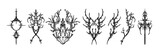 Fototapeta Panele - Neo tribal gothic tattoo set, retro futuristic y2k cyber symmetry shapes, vector dark roots branches. Metal music cover print, alien surreal illustration, sword, star grunge clipart. Neo tribal symbol