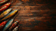 fishing fish shiny wobblers on a wooden background, with space for text